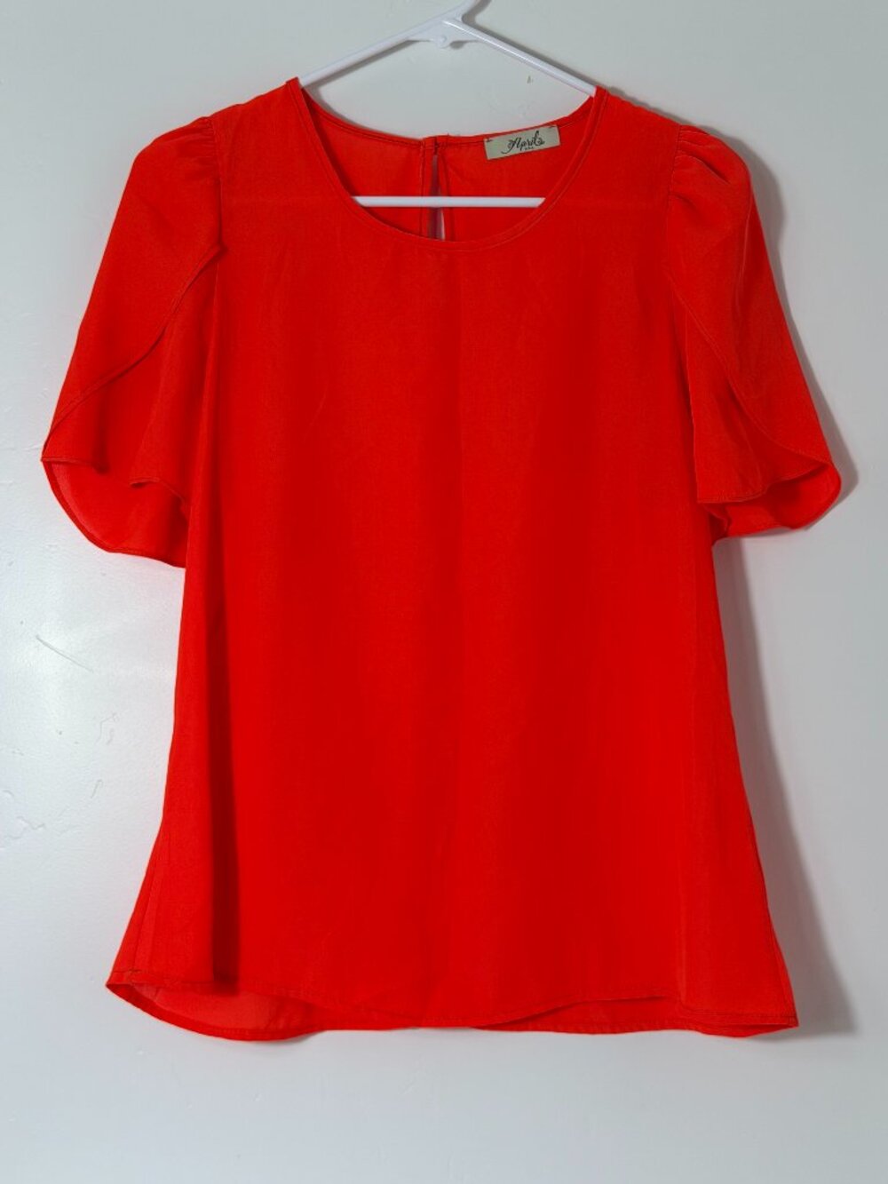 April USA Bright Red Short Sleeve Blouse Top with Back Keyhole Medium